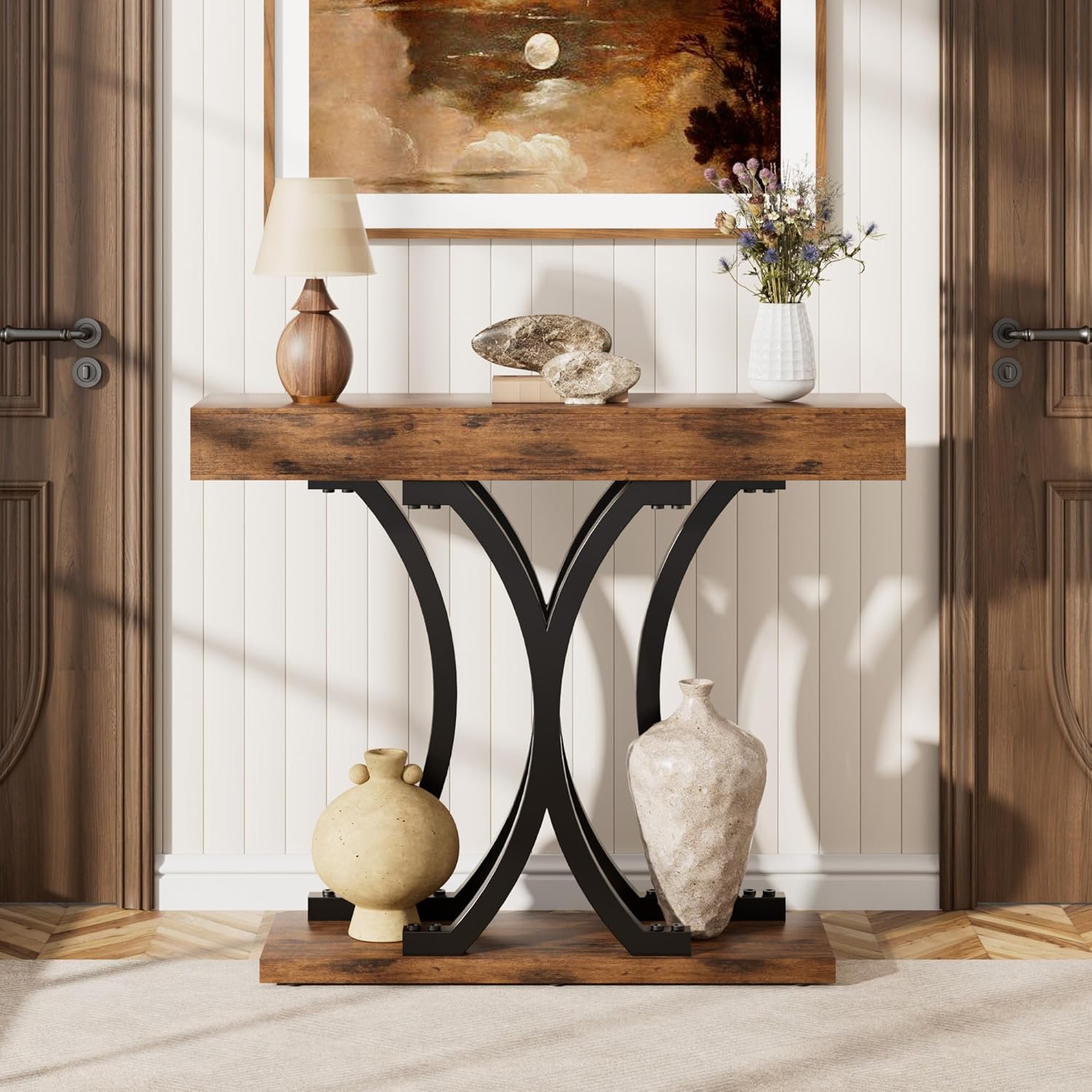 JUSTOGO 43.3" Console Table for Entryway, Industrial Sofa Table Entryway Table, Narrow Wood Accent Tables X-Shaped Metal Hallway Table for Living Room, Small Spaces, Entrance, Foyer, Rustic Brown