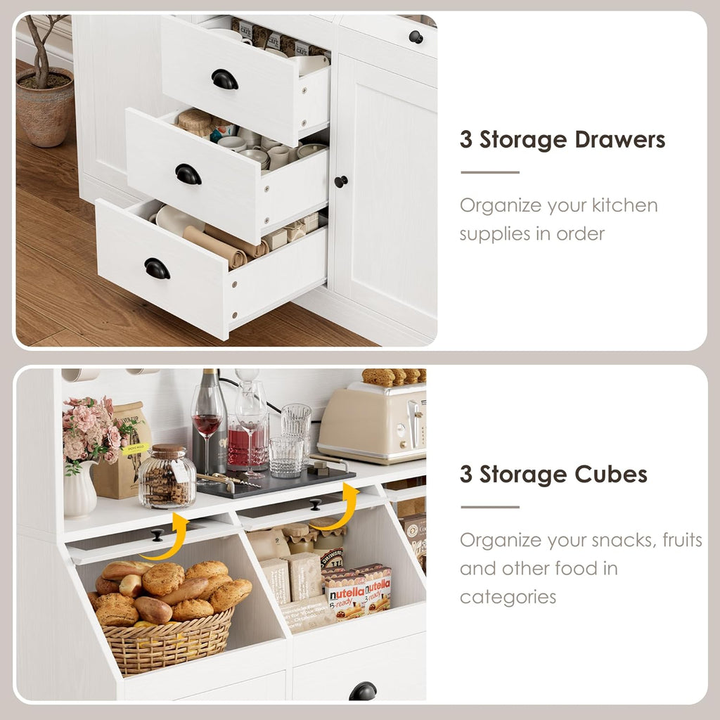HIFIT 71.4” H Farmhouse Pantry Cabinet with 3 Bread Boxes and 7 Metal Hooks, 47.2” Wide Kitchen Hutch Cabinet with Storage and Glass Doors, White
