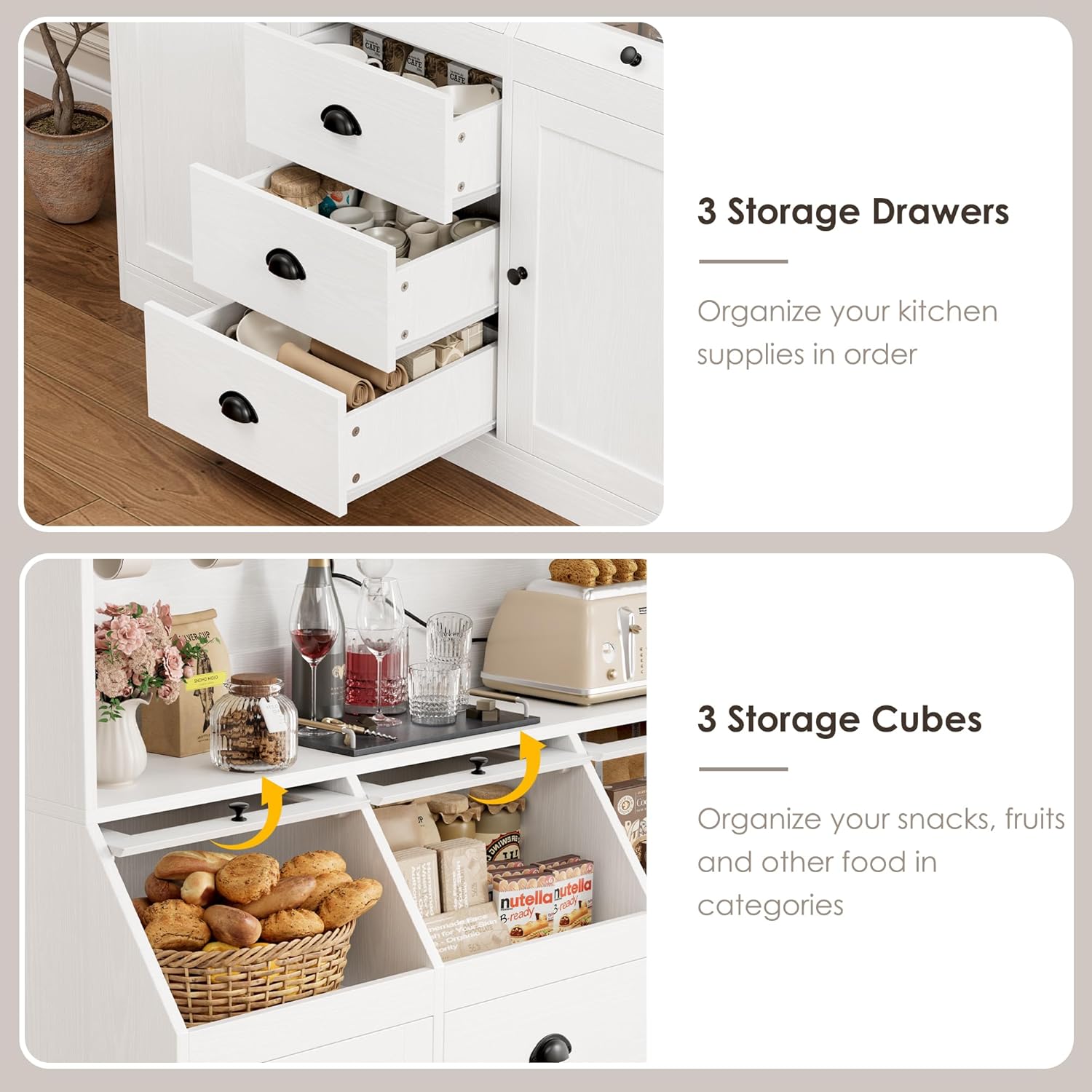 HIFIT 71.4” H Farmhouse Pantry Cabinet with 3 Bread Boxes and 7 Metal Hooks, 47.2” Wide Kitchen Hutch Cabinet with Storage and Glass Doors, White