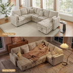 112'' Sectional Sleeper Sofa with Pull Out Bed, U Shaped 7 Seater Modular Sectional Sofa with Storage Chaise, Modern Sectional Sofas & Couches with 4 Pillows, Chenille Sofa Bed for Living Room, Camel