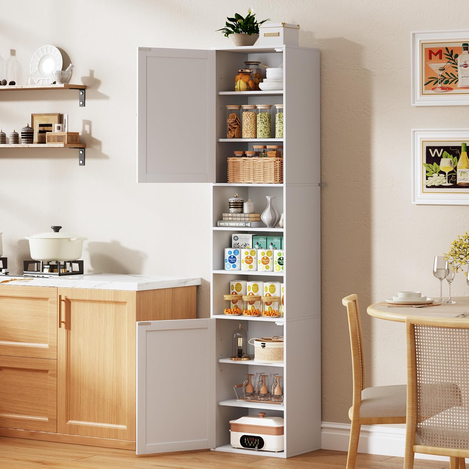 HUAHUU 70.8" Tall Kitchen Pantry Storage Cabinet, Slim Cabinet with 2 Barn Doors & Adjustable Shelves & Open Compartments, Cupboard for Kitchen, Dining Room, Living Room and Bathroom, White