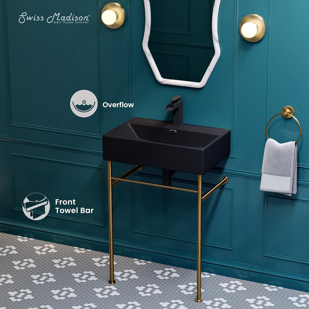 Claire 24" Ceramic Console Sink Matte Black Basin Brushed Gold Legs
