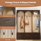 Merax Farmhouse Wood Hall Tree with Shoe Bench and 3 Drawers, 4-in-1 Coat Rack with 8 Hooks for Entrance, Hallway, Mudroom Dark Walnut