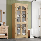 70" Kitchen Pantry Storage Cabinet - Modern Display Pantry Storage with 4 Arched Glass Doors and Adjustable Shelves, Versatile Cupboard Organizers for Kitchen, Dining Room, Living Room, Natural