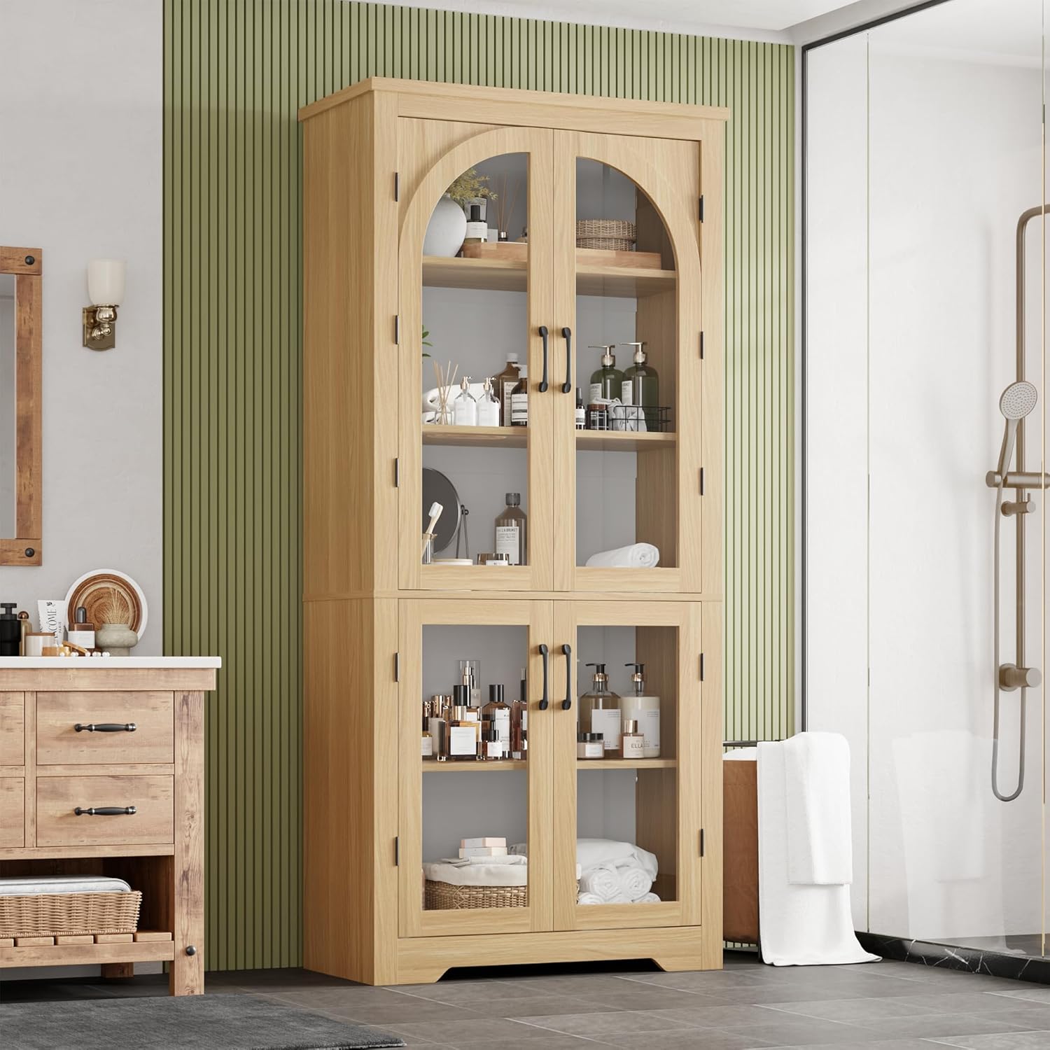 70" Kitchen Pantry Storage Cabinet - Modern Display Pantry Storage with 4 Arched Glass Doors and Adjustable Shelves, Versatile Cupboard Organizers for Kitchen, Dining Room, Living Room, Natural