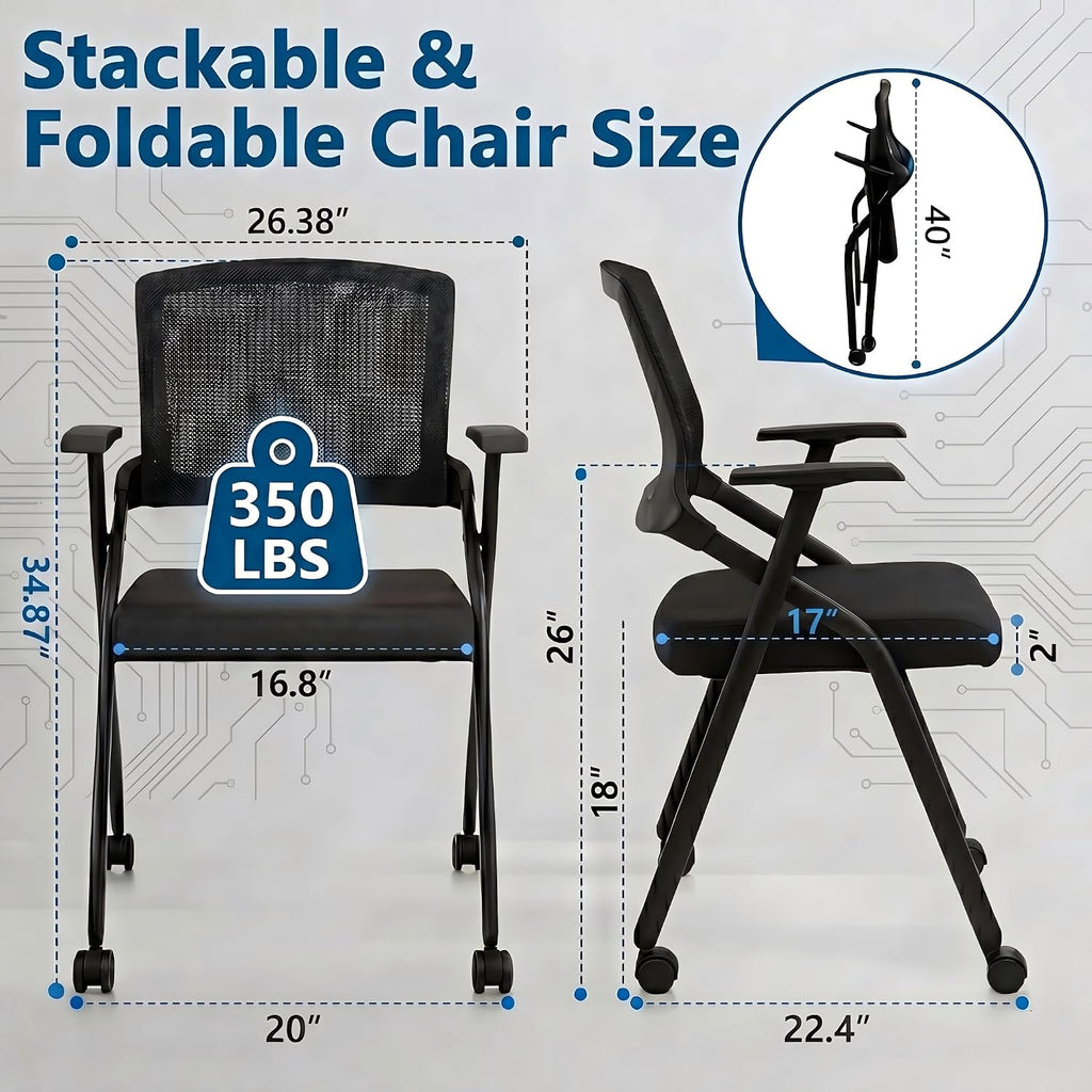 8 Pack Folding Office Chair with Wheels, Heavy Duty Mesh Back Nesting Conference Meeting Chair with Arms, Rolling Space-Saving Seating for Training Room, Home Office, Guest Reception & Waiting Area