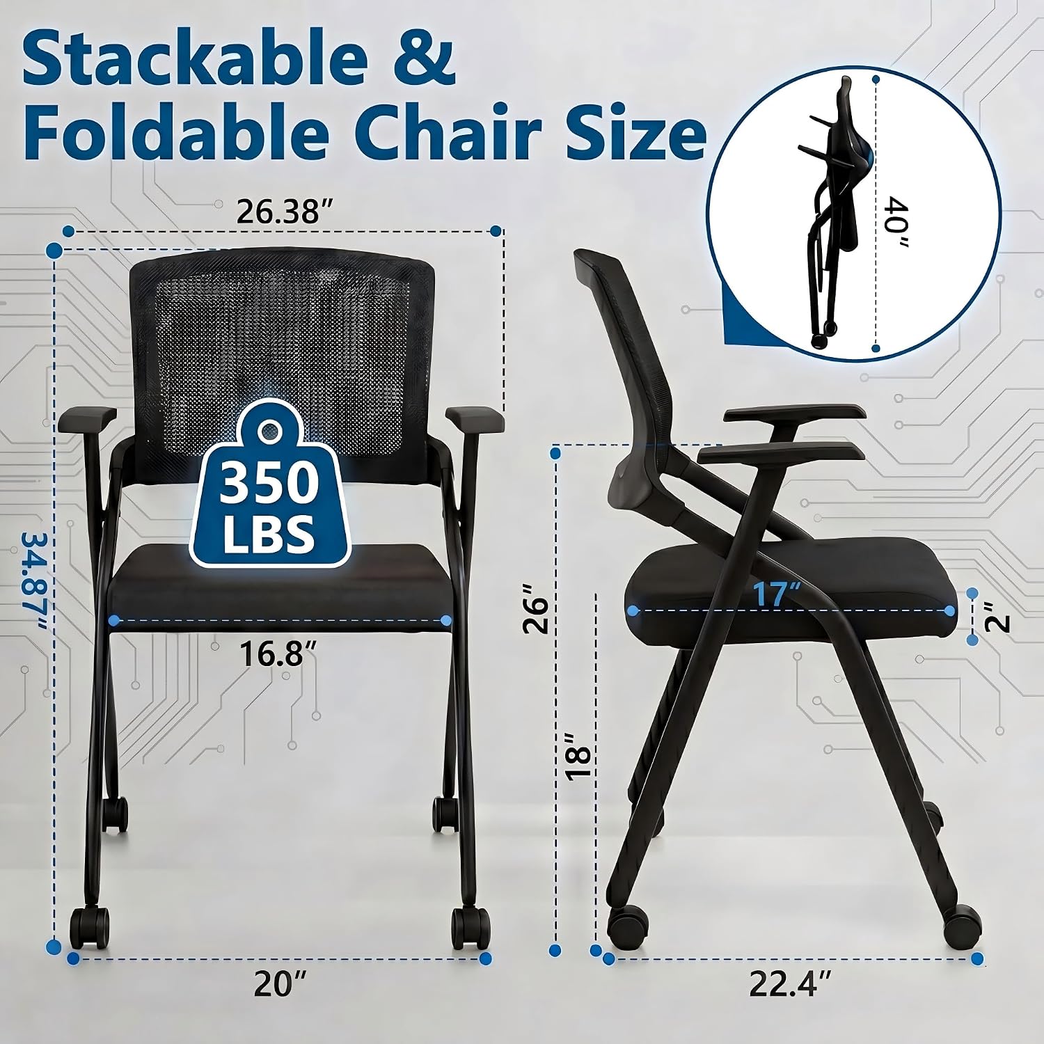 8 Pack Folding Office Chair with Wheels, Heavy Duty Mesh Back Nesting Conference Meeting Chair with Arms, Rolling Space-Saving Seating for Training Room, Home Office, Guest Reception & Waiting Area