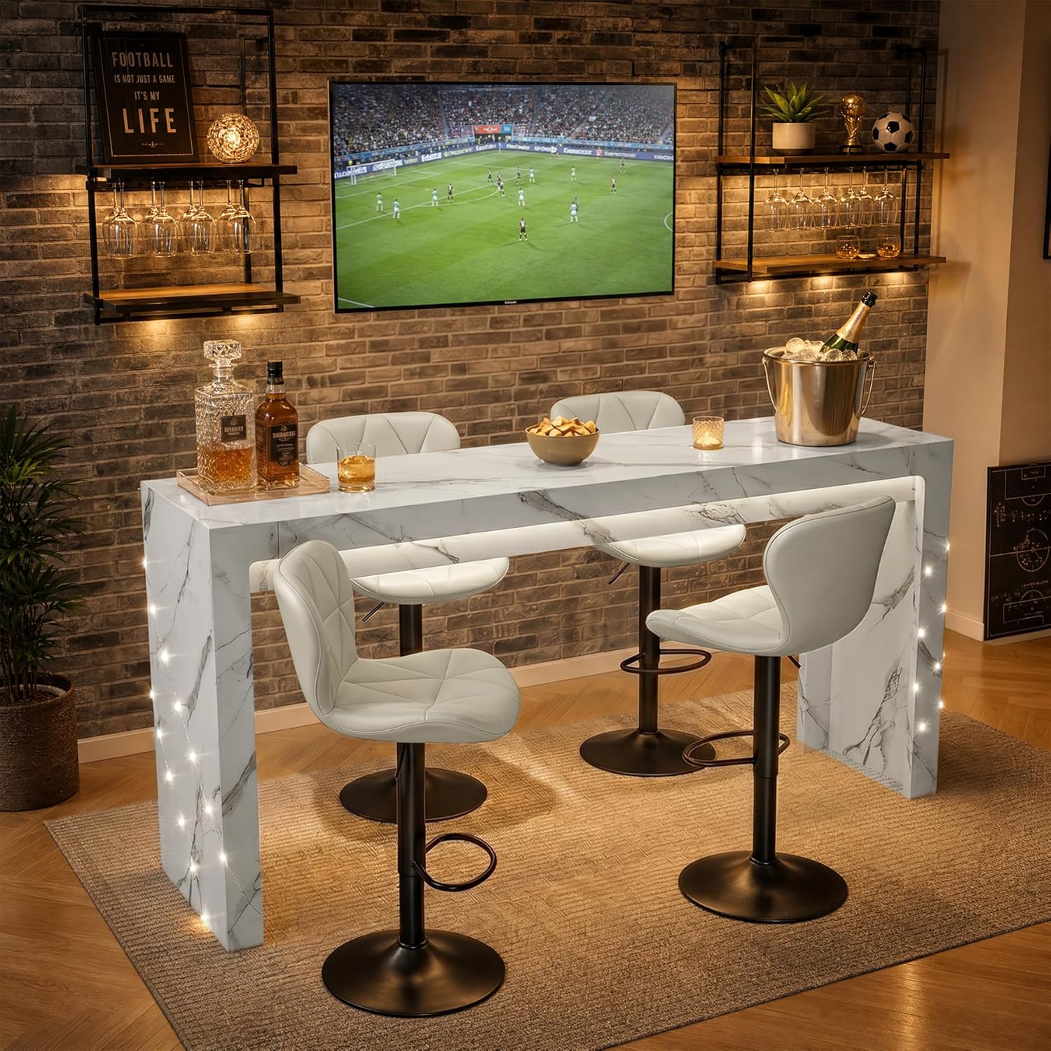 Miereirl Modern 3-Piece Bar Table Set, 55" Faux Marble Pub Dining Table with 2 Swivel Adjustable Barstools, PU Leather Counter Height Chairs with Footrest & Backrest for Kitchen, Dining Room