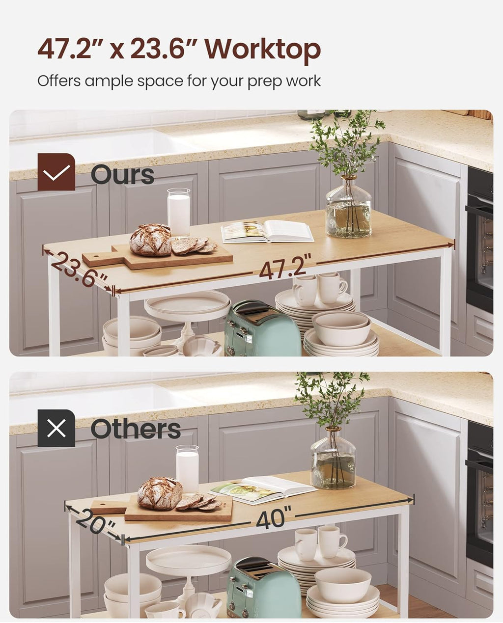 VASAGLE Kitchen Island with 3 Shelves, 47.2 Inches Width Kitchen Shelf with Large Worktop, Stable Steel Structure, Industrial, Easy to Assemble, Oak Color and White UKKI001W09