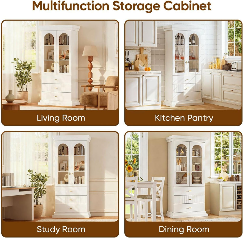 ivaniti 71" Arched Kitchen Pantry Cabinet, Tall Display Modern Storage Combination for Living Room and Dining Room with Dual Glass Door and Open Shelf Cabinets, White with Gold Handles, 3 of Set