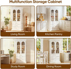 Vyre 71" Arched Kitchen Cabinet with Glass Doors, Tall Display and Storage Cabinet with Drawers for Dining Room or Living Room, Modern Pantry Cabinet with Gold Handles, White