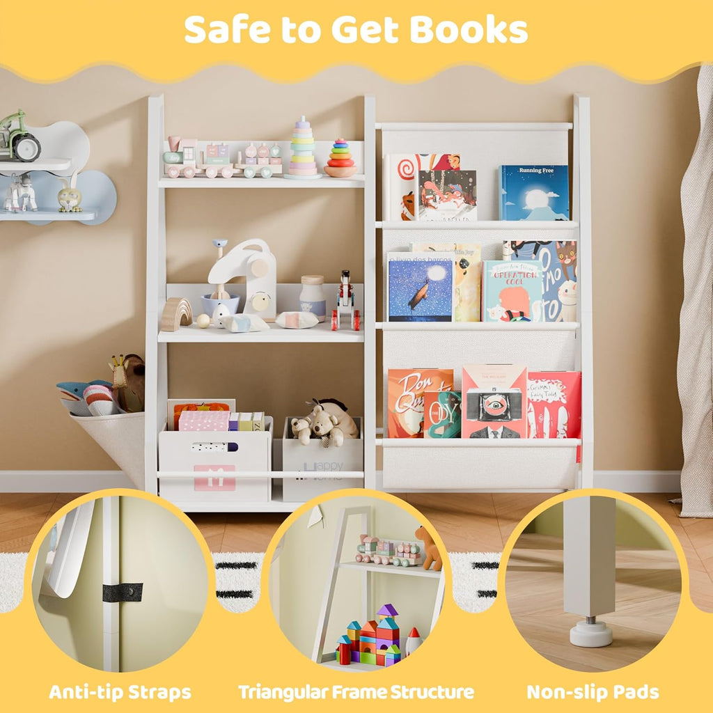 Kids Bookshelf and Toy Storage Organizer, 3-Tier Metal Toddler Bookcase with Deep Pockets, 2-in-1 Freestanding Nursery Bookshelf for Playroom, 29.53" D x 11.81" W x 32.68" H, White