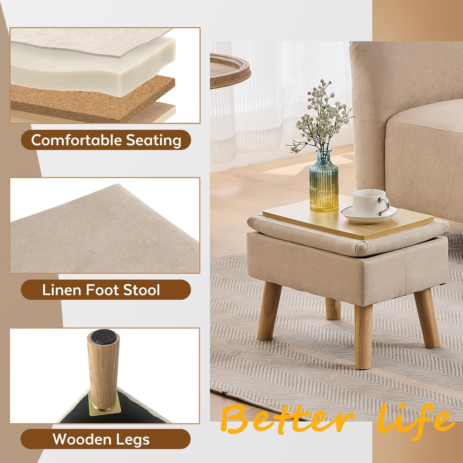 Storage Ottoman, Small Foot Stool Ottoman with Storage, Linen Foot Rest with Wood Legs, Footstool for Living Room, Bedroom, Entryway, Beige