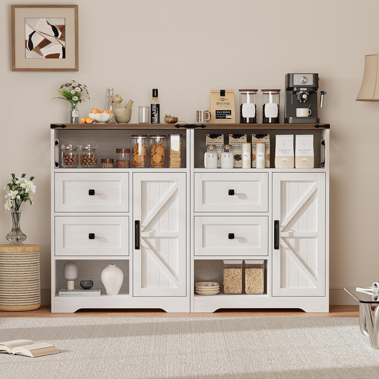 Vabches Farmhouse Buffet Sideboard Cabinet with 2 Drawers and Open Shelf, 27.5" Storage Cabinet with Adjustable Shelves and Door, Coffee Bar Hutch Pantry for Kitchen, Living Room, Entryway, White