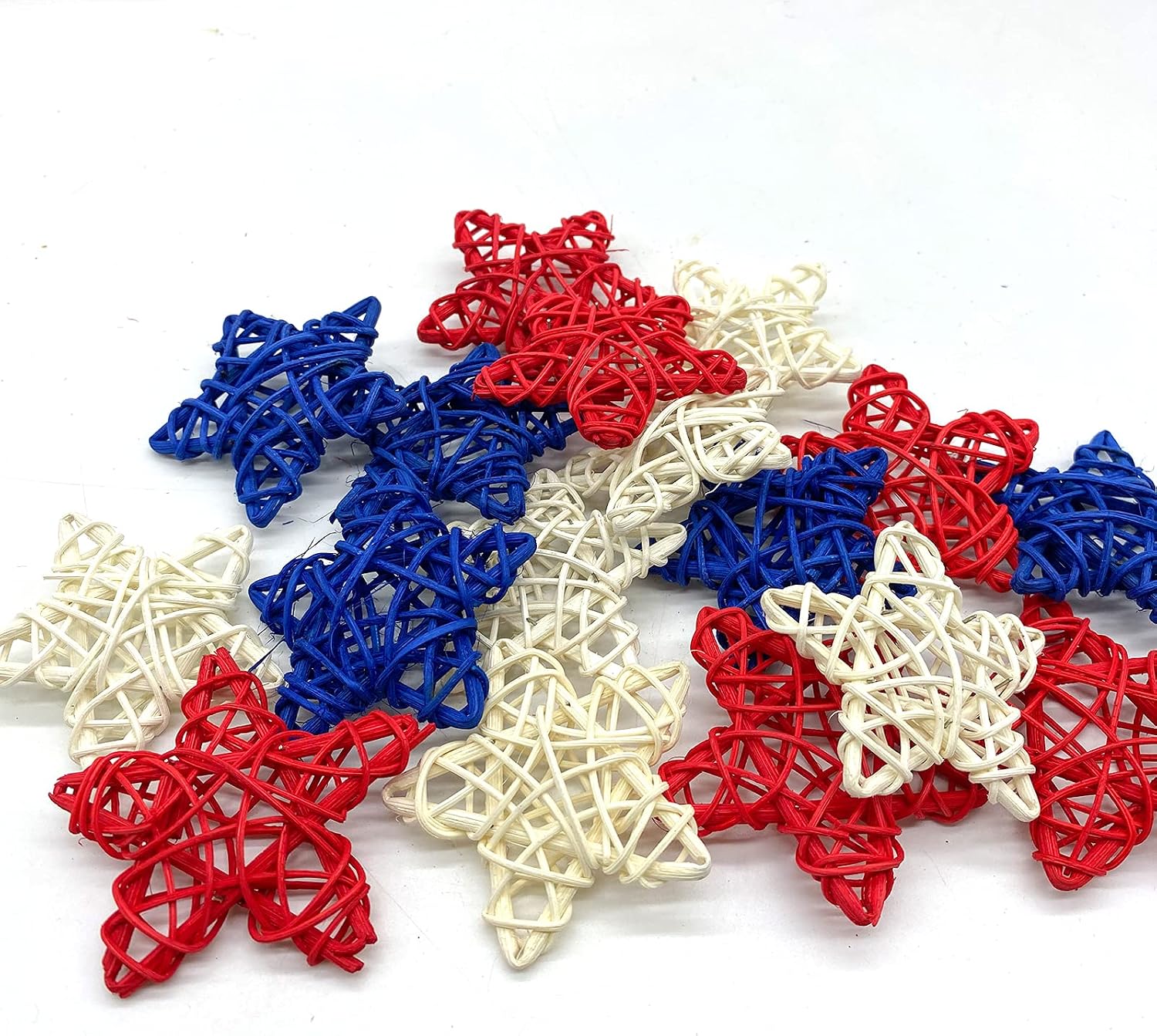EBaokuup 36PCS 4th of July Natural Rattan Stars, 1.96 Inch Red White and Blue Wicker Rattan Stars for Independence Day Home Decor DIY Craft Vase Bowl Filler Table Decoration