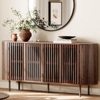 WAMPAT 66" Fluted Sideboard Buffet Cabinet, Wood Storage Cabinet with 4 Doors, Mid Century Modern Credenza for Dining Room, Living Room, Kitchen, Walnut