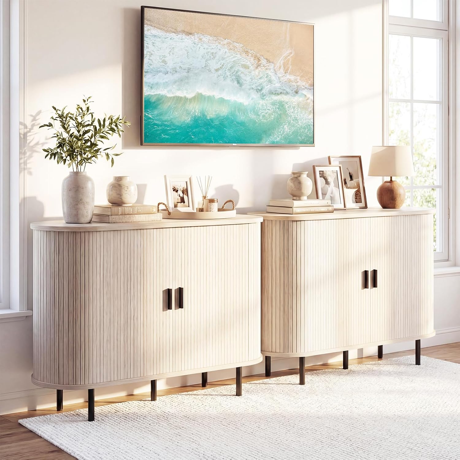 Giantex 47'' Fluted Sideboard Buffet Cabinet with Tambour Sliding Doors, Coffee Bar Console Table w/Metal Legs, Mid Century Storage Credenza Cabinet for Kitchen Dining Room Living Room (White Oak)