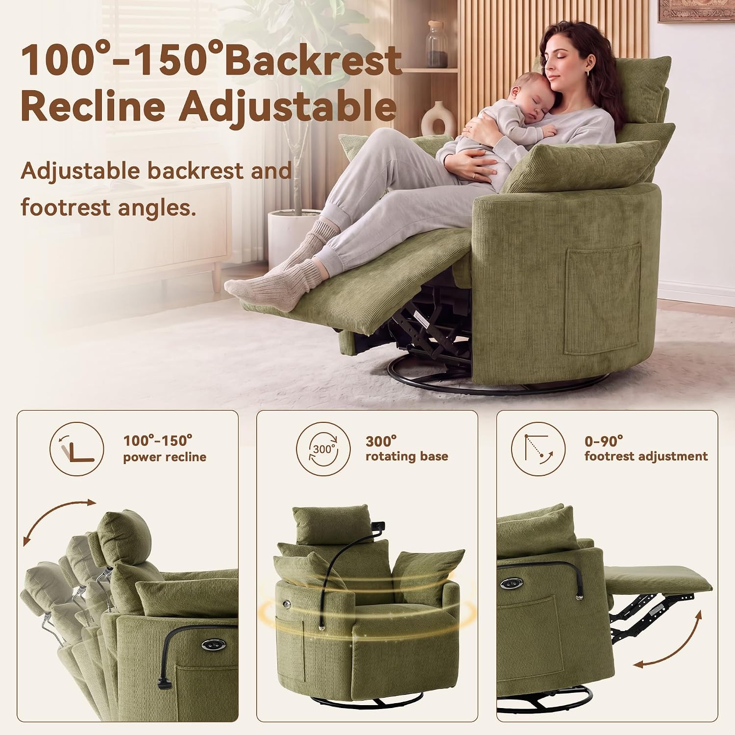 FOXHUNTER Power Nursery Rocking Chairs Glider Rocking Chair 300°Swivel Rocking Recliner with USB Charging Port and Phone Holder,Footrest&Side Pockets,for Living Room,Chenille,Green