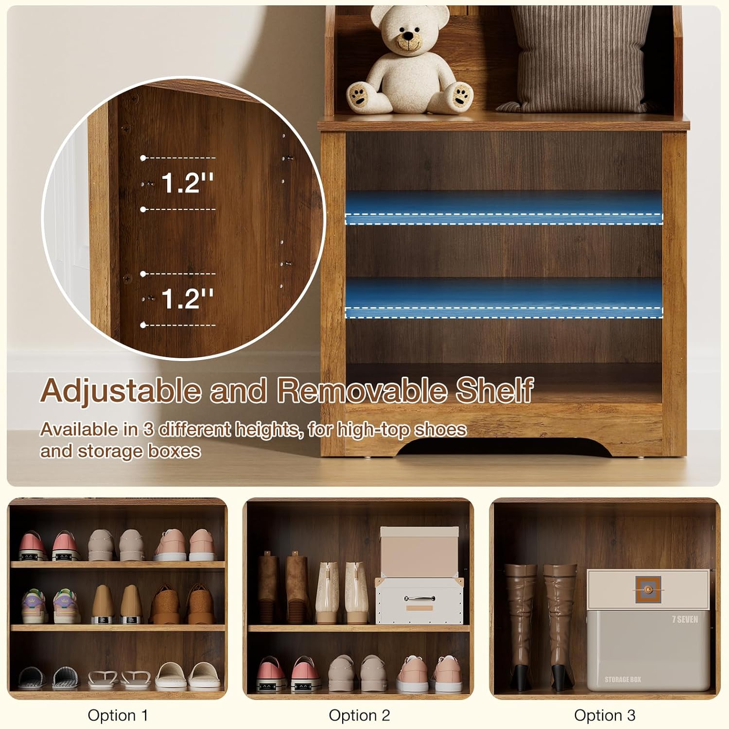 HOMMPA 24" Hall Tree with Bench and Shoe Storage, 5-in-1 Entryway Hall Tree with LED Light, 5 Tri-Hooks, Shoe Cabinet & Open Compartment, Farmhouse Style Mudroom Storage Bench w/Coat Rack for Hallway