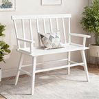 Dining Bench for Kitchen & Dining Room – Bamboo Wood Bench with Spindle Back & Armrests, Farmhouse Entryway Bench, Indoor Bedroom Bench, Versatile Entry Bench & Outdoor Bench Seating（White with Arm）