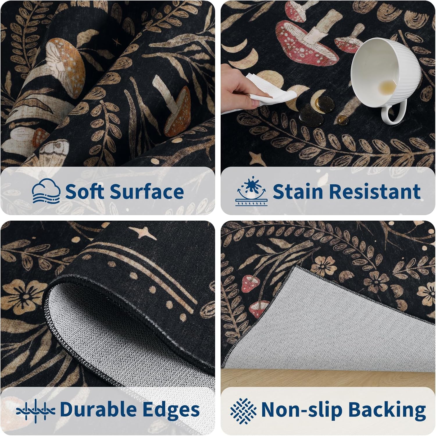 Garvee Mushroom 5x7 Area Rugs for Living Room, Dark Academia Gothic Rug, Non Slip Animal Print Washable Rugs 5x7 Low Pile Bedroom Decor Bug Carpet with Rubber for Playroom Dining Room Office, Black