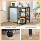 HOOBRO Mini Fridge Stand, Coffee Bar Station with Mini Fridge Space, Bakers Rack with Wine Rack, Mini Fridge Cabinet with Mobile Basket, for Kitchen, Living Room, Rustic Brown and Black BF04BX01