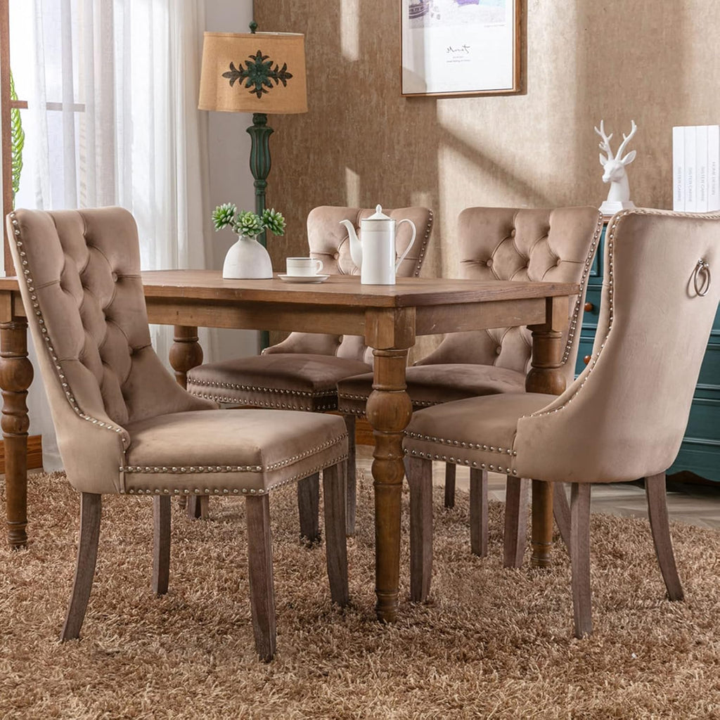 Espresso Brown Mid Century Modern Dining Chairs Set of 6, Velvet Upholstered Kitchen & Dining Room Chairs with Nailhead Trim & Solid Wood Legs, Elegant Sillas De Comedor (Coffee, 6 Pcs)