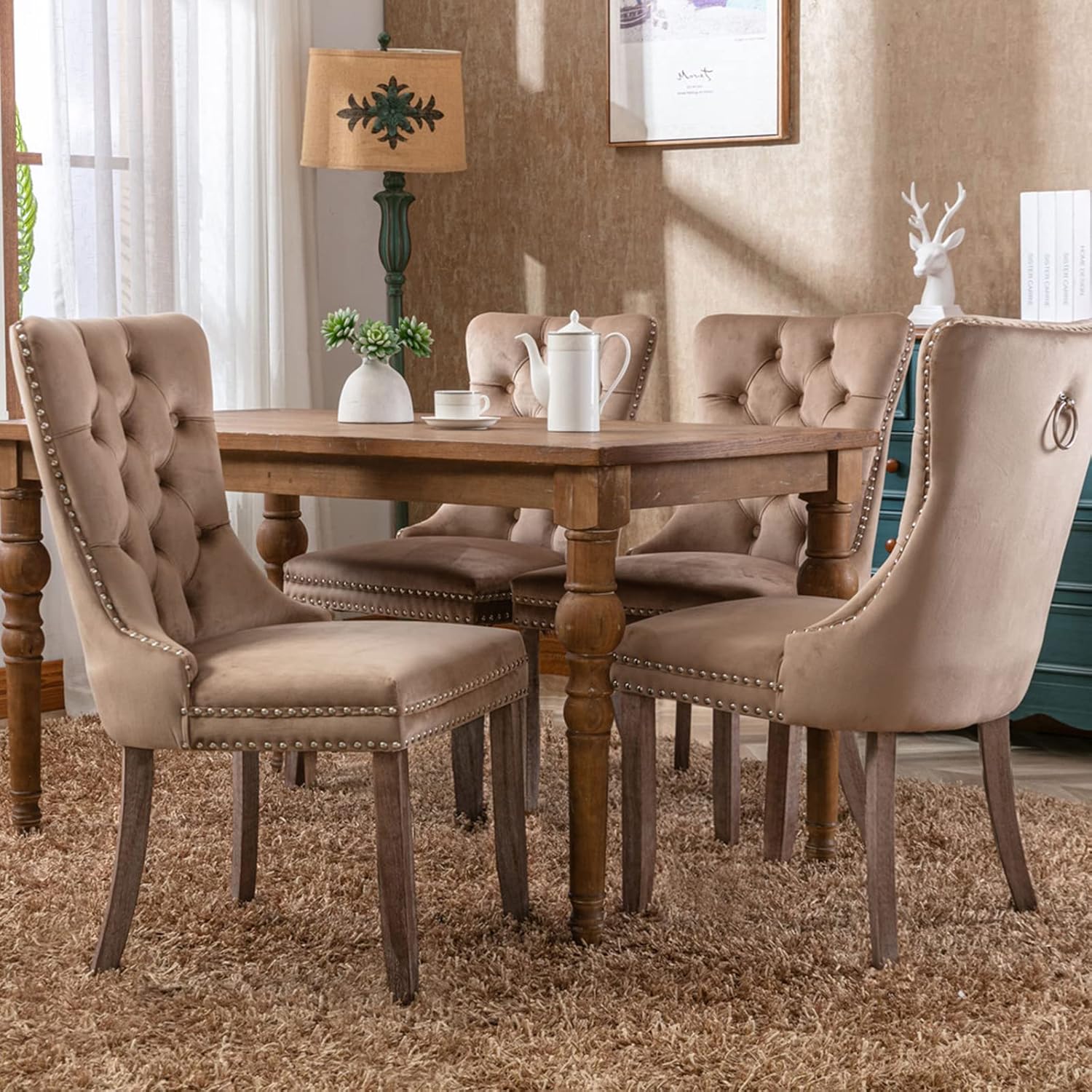 Espresso Brown Mid Century Modern Dining Chairs Set of 6, Velvet Upholstered Kitchen & Dining Room Chairs with Nailhead Trim & Solid Wood Legs, Elegant Sillas De Comedor (Coffee, 6 Pcs)
