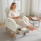 Teddy Upholstered Nursery Rocking Recliner with Footrest, Mid-Century Glider Chair with High Back, Side Pocket & Wood Legs for Bedroom, Living Room or Nursing Room, Teddy Beige