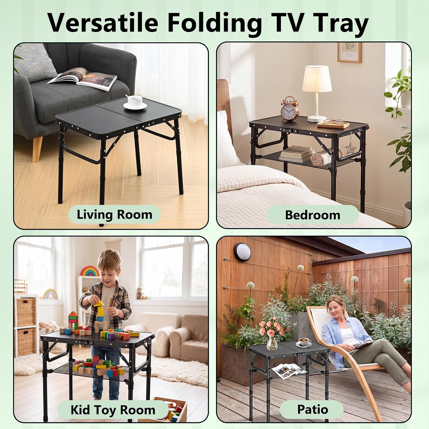 YihuiKo Folding TV Tray, Lightweight Portable Small Folding Table | Adjustable Height, Snack Side Table for Bed Sofa, End Side Table for Living Room Couch Bedroom, Carry Handle, Storage Net