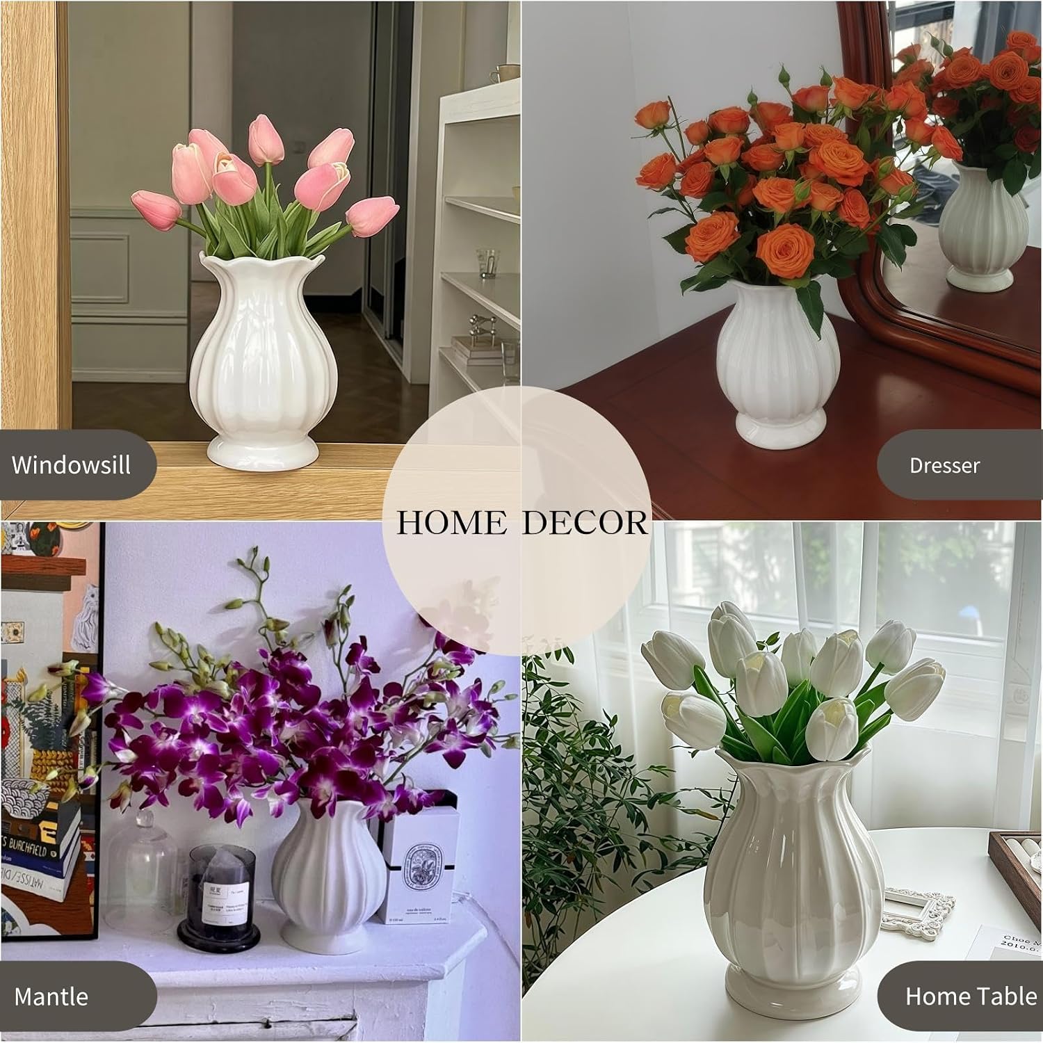 White Vase, Modern Ceramic Flower Vase for Home Décor, Wavy Edge Ribbed Design Pedestal Vases, Minimalism Flared Vases for Living Room Table Centerpieces (7.5" H x 4.5" W)