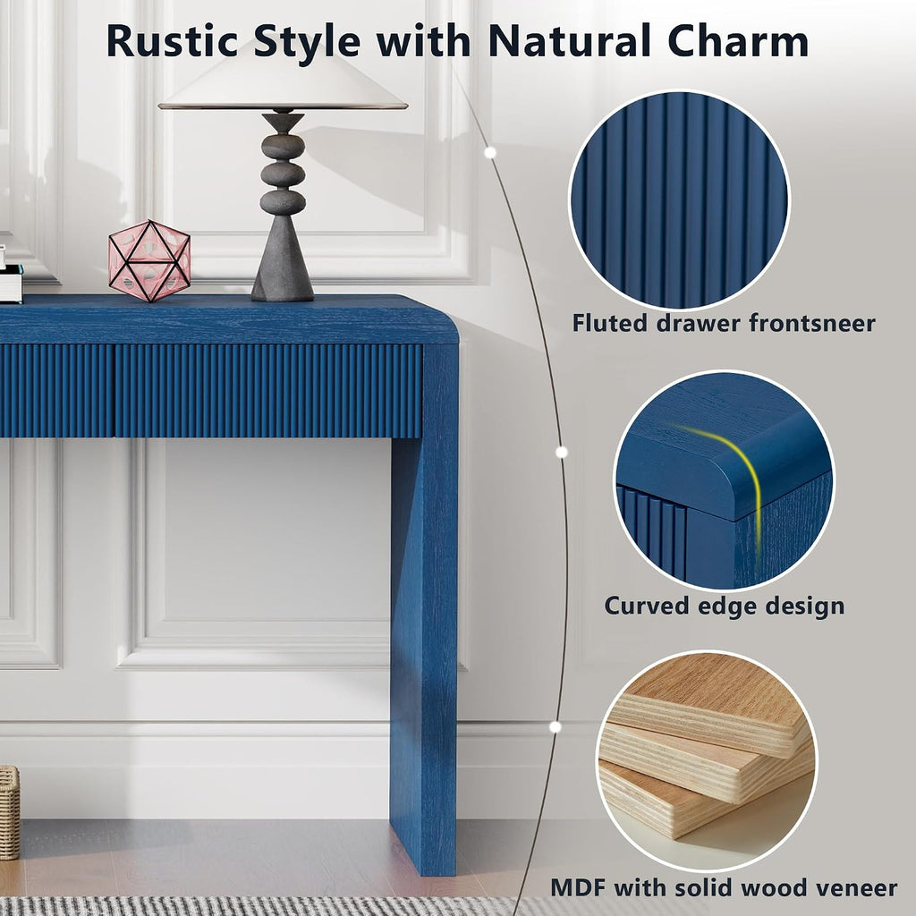 Knocbel Console Table with 3 Fluted Drawers, Rustic Sofa Tables with Solid Wood Veneer & Wood Grain for Entryway Hallway Living Room, 55.1" W x 15.8" D x 29.8" H, Navy