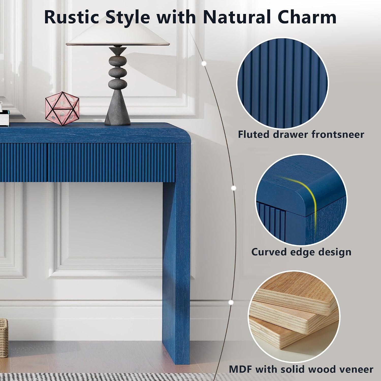 Knocbel Console Table with 3 Fluted Drawers, Rustic Sofa Tables with Solid Wood Veneer & Wood Grain for Entryway Hallway Living Room, 55.1" W x 15.8" D x 29.8" H, Navy