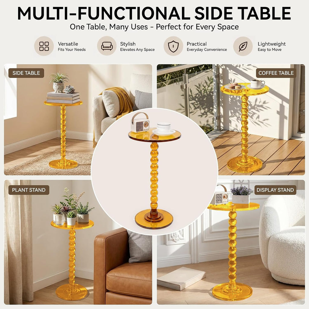 Acrylic Round Side Table Clear End Stand with Column Base Transparent Modern Pedestal Drink Storage Small Space Bedside Nightstand for Living Room Bedroom Balcony Home Decor Orange