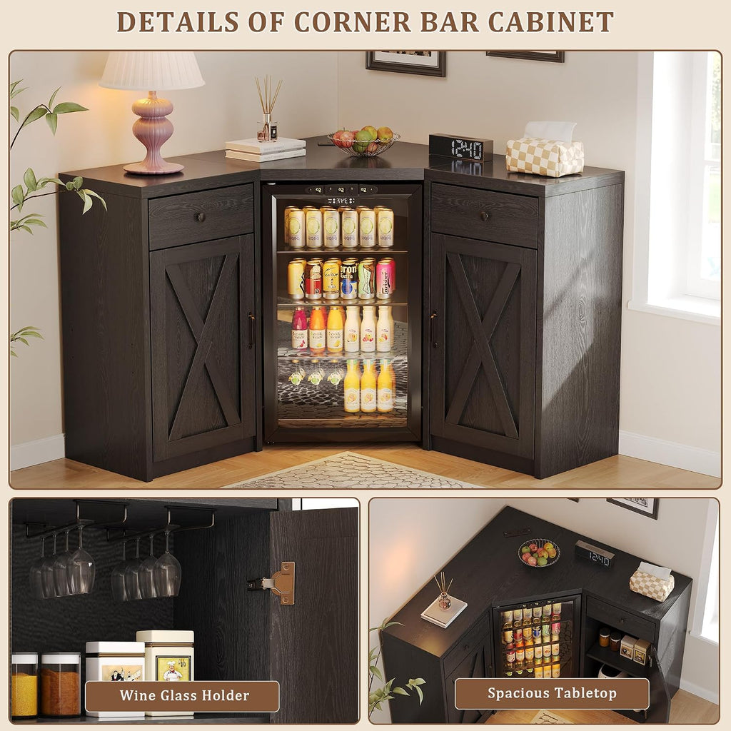 Coffee Bar Cabinet with Fridge Space, Corner Bar Cabinet with Fridge Space, L-Shaped Liquor Wine Cabinet for Home, Mini Fridge Cabinet with Storage for Dining Room, Living Room