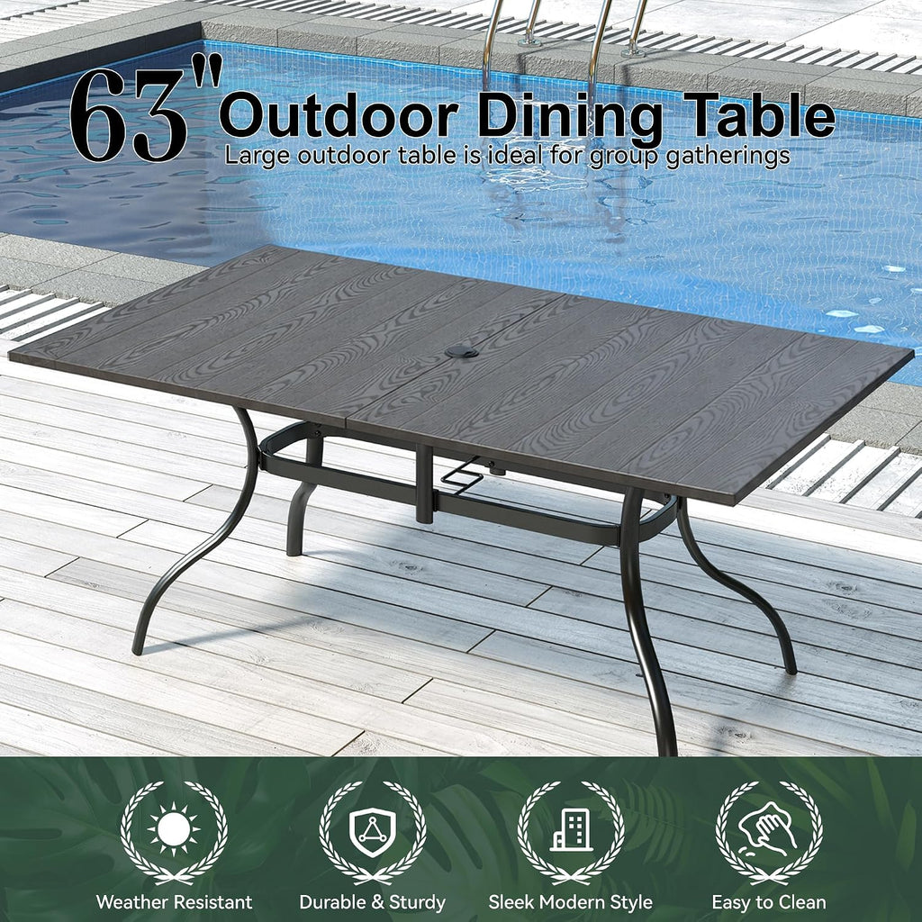 Patio Dining Table for 6,Large Rectangle Outdoor Table with Adjustable Umbrella Hole,63"x 38"x 28",Brown
