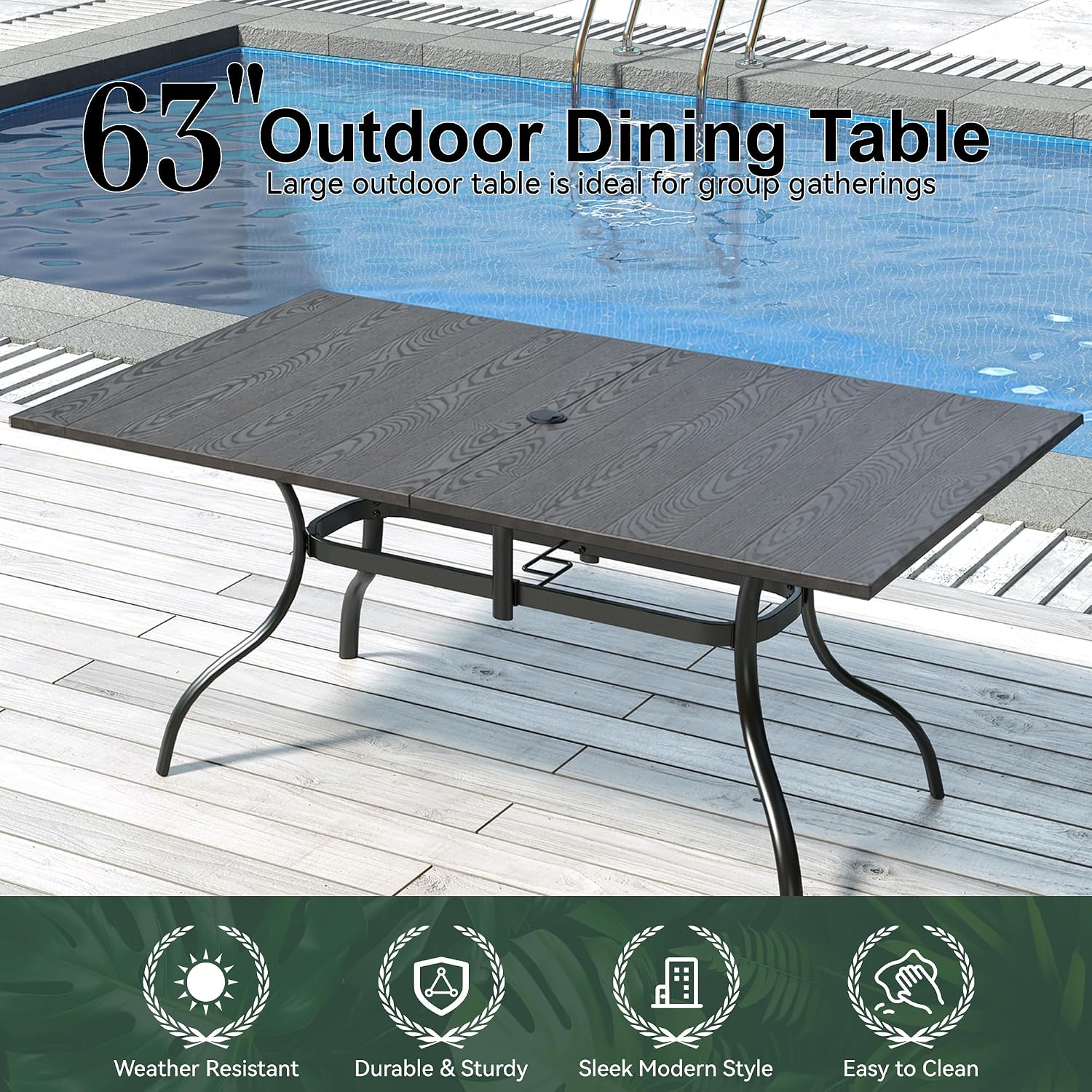 Patio Dining Table for 6,Large Rectangle Outdoor Table with Adjustable Umbrella Hole,63"x 38"x 28",Brown