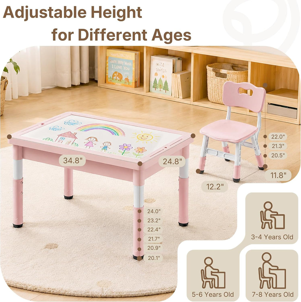 4 in 1 Kids Table and 2 Chairs Set, Reversible Tabletop, Pink | Double-Sided Graffiti/Block Building Tabletop, Adjustable Height, Under-Table Storage, 4 Storage Bins, Toddler Activity Desk
