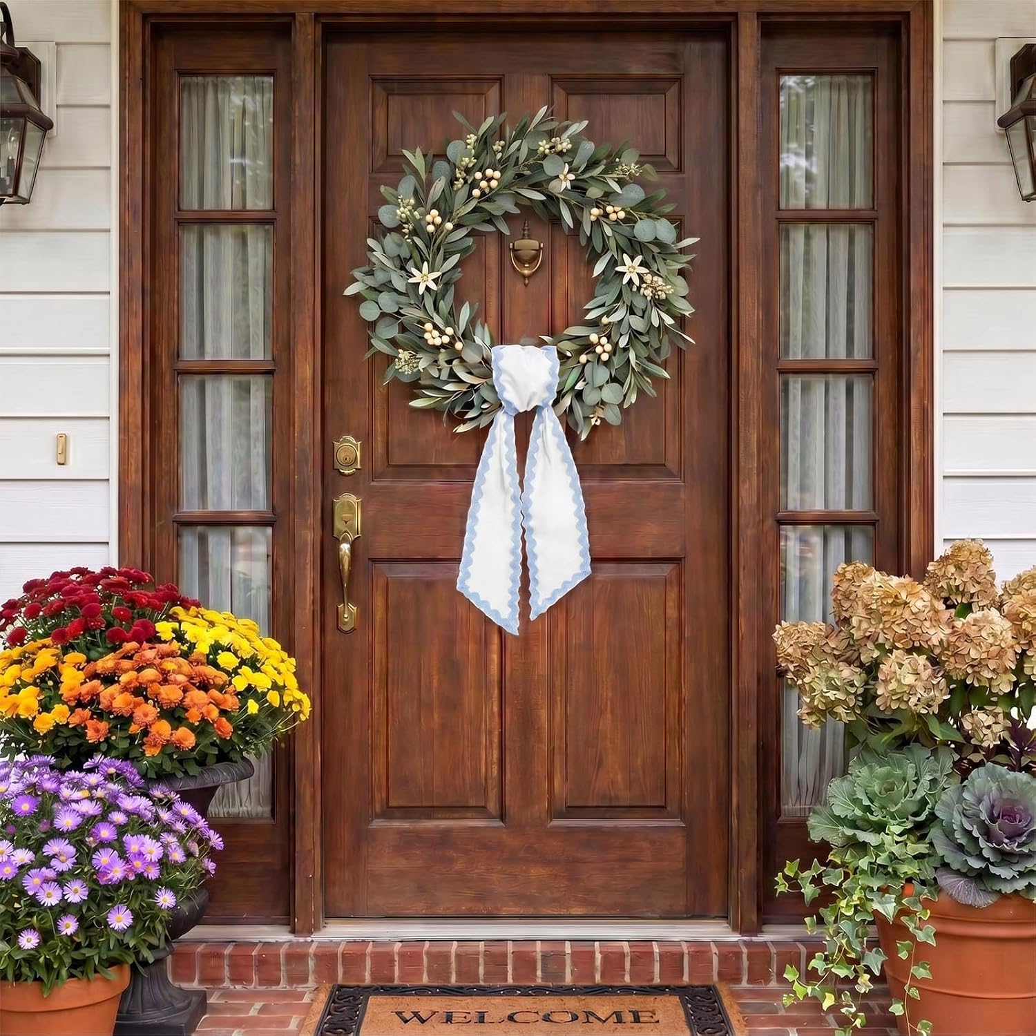 Wreath Sash for Front Door Light Blue Cotton Wreaths Satin Sash Burlap Garland Ribbon Accessories for Wreath Yard Doorway Indoor Outdoor Bow Bridal Shower Home Decor,5.11 x 55.1