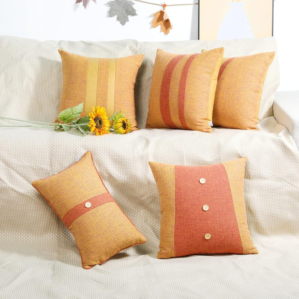 Pack of 2 Patchwork Orange Yellow Pillow Covers Linen Striped Pattern Farmhouse Cushion Covers Spooky Decorative Faux Leather Pillow Cases for Couch Sofa Bedroom Living Room 18x18 Inch