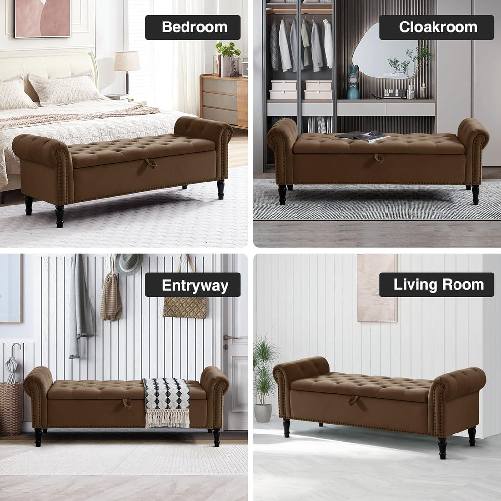 67'' End of Bed Bench King Size, Storage Bench for Bedroom End of Bed, Upholstered Tufted Storage Ottoman Benches with Arms for Living Room, Entryway, Windows, Brown
