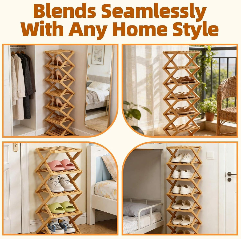 9 Tier Bamboo Shoe Rack, Heavy Duty Foldable Shelf Needing No Setup | Versatile Space-Saving & Sturdy Collapsible Bamboo Shoe Rack Organizer for Closet, Entryway, Over-Door, Dorm or Bedroom Use