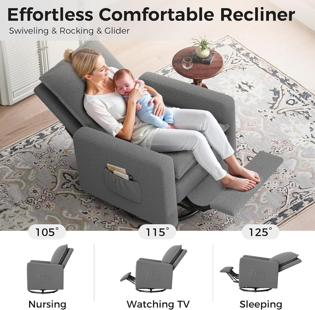 Amopatio Swivel Glider Recliner for Indoor Nursery Rocker Chair Upholstered Single Sofa with Side Pockets and Footrest for Living Room Bedroom(Gray)
