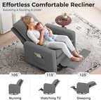 Amopatio Swivel Glider Recliner for Indoor Nursery Rocker Chair Upholstered Single Sofa with Side Pockets and Footrest for Living Room Bedroom(Gray)