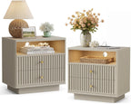 PAPROOS 23'' Fluted Nightstand Set of 2 with Charging Station, Modern Bedside Table with Motion Sensor LED Light, 2-Drawer Storage Cabinet for Bedroom & Home Office (2 pc Beige Gray)
