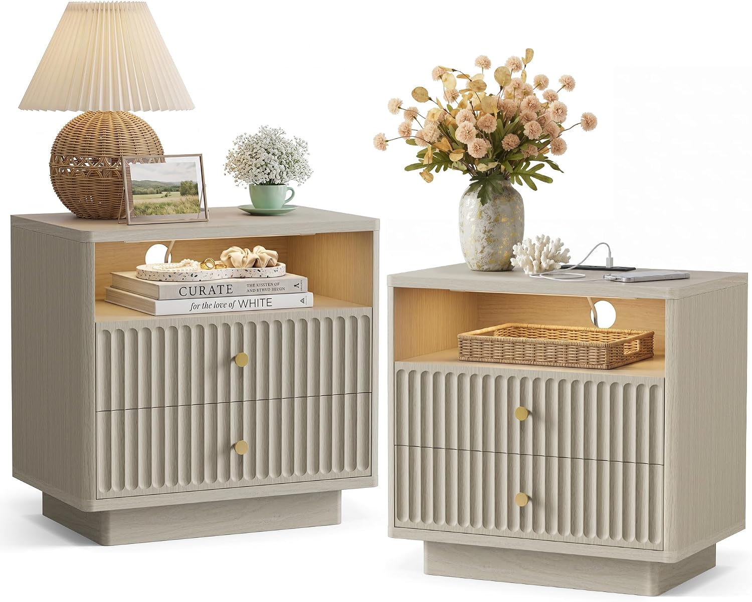 PAPROOS 23'' Fluted Nightstand Set of 2 with Charging Station, Modern Bedside Table with Motion Sensor LED Light, 2-Drawer Storage Cabinet for Bedroom & Home Office (2 pc Beige Gray)