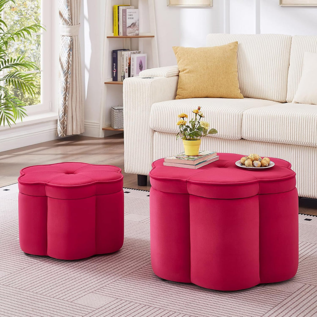 Set of 2 Ottoman with Storage,Flower Shape Petal Upholstered Storage Bench Large Ottoman for Living Room Bedroom Entryway (Rose Pink+ Velvet)