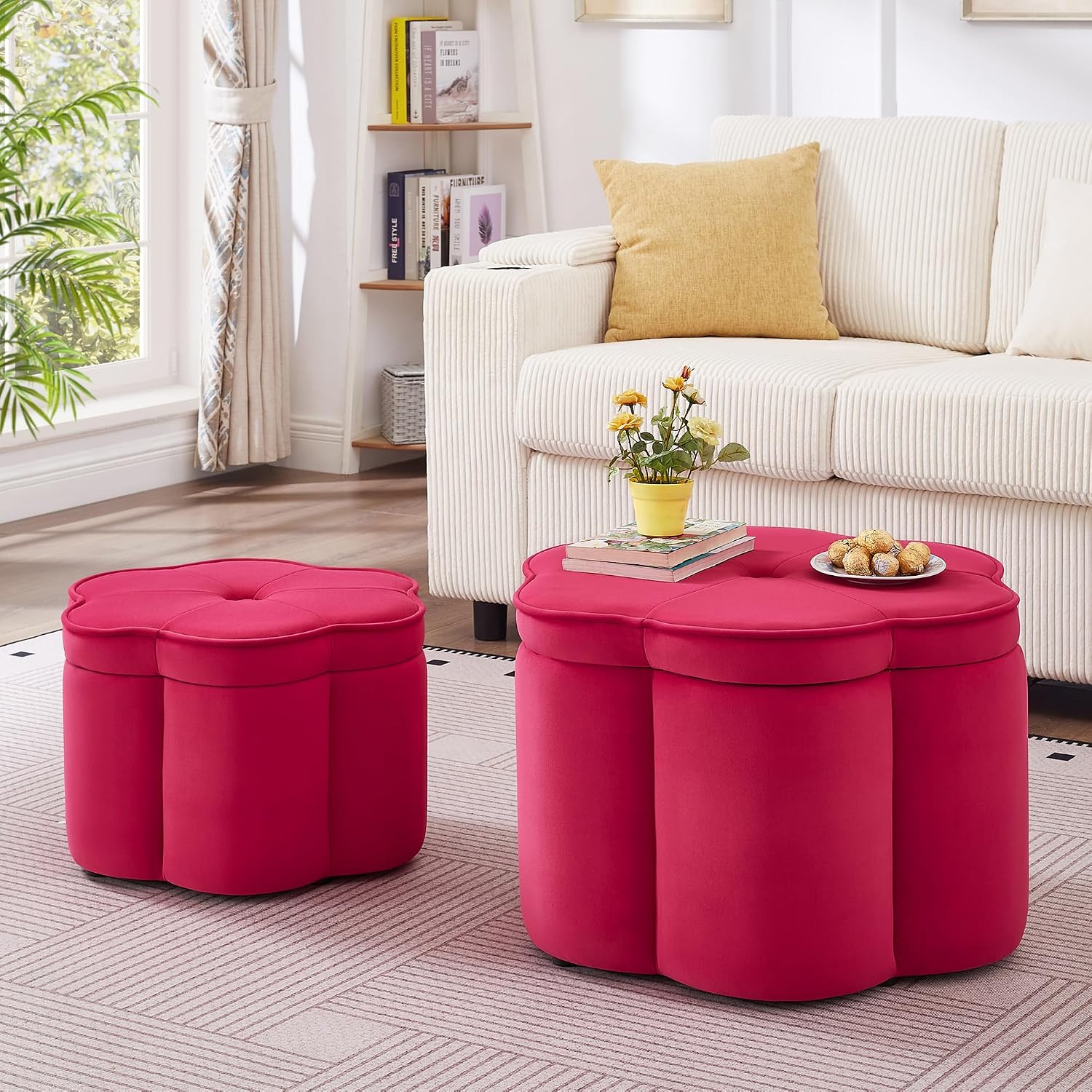 Set of 2 Ottoman with Storage,Flower Shape Petal Upholstered Storage Bench Large Ottoman for Living Room Bedroom Entryway (Rose Pink+ Velvet)