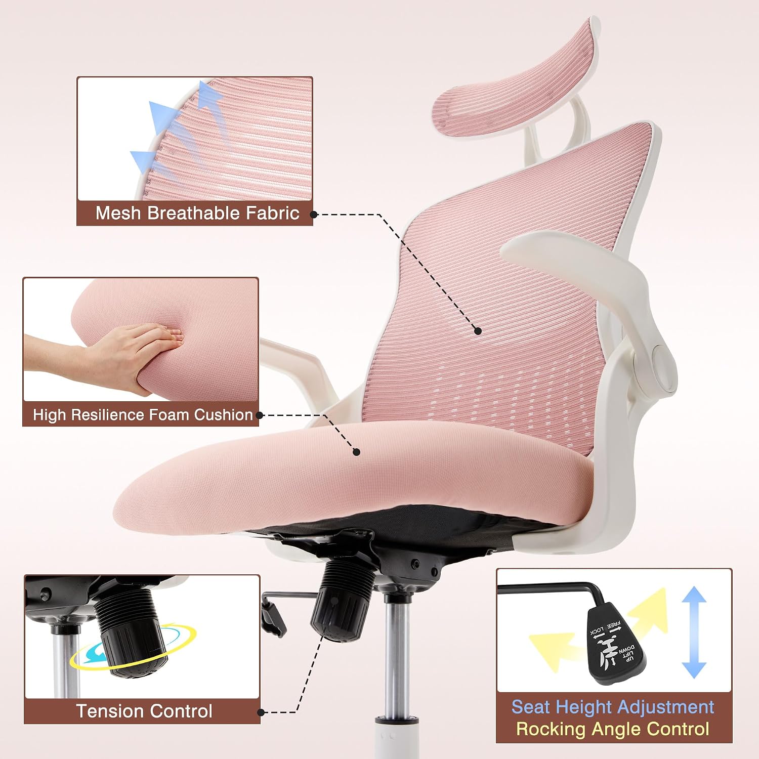 Ergonomic Home Mesh Office Chair-Computer Desk Swivel Reclining Chair with Wheels, Lumbar Support, Comfy Work Gaming Chair for Adults-Adjustable Headrest, Storage Basket for Home Office, Gaming, Pink
