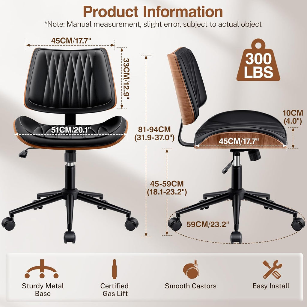 Ergonomic Armless Office Desk Chair - Mid-Century Modern Black Faux Leather with Diamond Stitch, Adjustable Height Swivel Rolling Task Computer Chair with Walnut Accent for Home Office, Study & Work